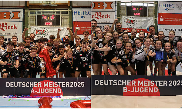 Zwei Meisterteams, ein Verein: Großer Jubel beim HC Erlangen am Wochenende.