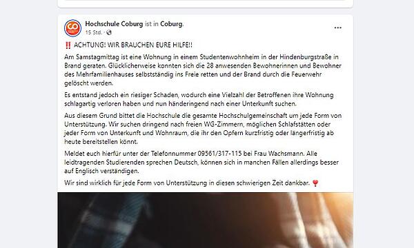Nach Brand in Wohnheim in Coburg sucht Hochschule nach Unterkünften für Studenten