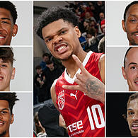 Die Spieler der Bamberg Baskets von oben links: Noah Locke, Adrian Petkovic, Gabriel Kuku. Mitte: Ronaldo Segu. Von oben rechts: Kyle Lofton, Karsten Tadda, MaCio Teague.