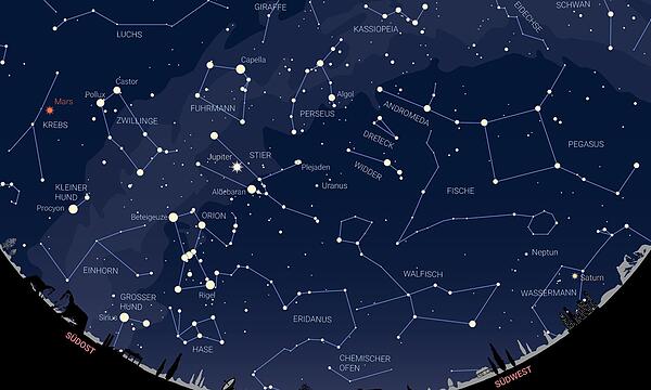 Die Sternenkarte für den Monat Dezember: der Himmelsanblick am 15. Dezember um 22 Uhr.