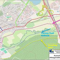 Von Rödental (rechts) führt bislang der Herzogsweg (rote Linie) als Fuß- und Radweg nach Dörfles-Esbach. In Dörfles-Esbach ist die Ortsdurchfahrt vom Autoverkehr beherrscht. Das soll sich in zwei Jahren nach der Kanalsanierung geändert haben. Die Stadt Rödental sieht in einem neuen Weg durch die Itzwiesen (blau punktiert) die Lösung. Der VCD stellt sich die Streckenführung anders vor (pink). Der Allgemeine Deutsche Fahrradclub (ADFC) bringt den Forstweg am Fuß des Bausenberges (gelb) als Möglichkeit für eine Verbesserung des Radfahrverkehrs ins Gespräch.
