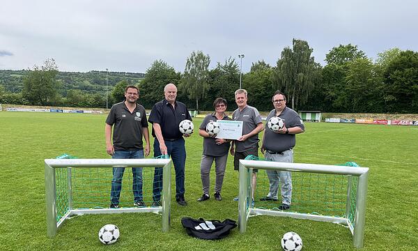 Für ihr außerordentliches Engagement im Kinder- und Jugendbereich wurde die Jugendleiterin des FC Hammelburg, Birgit Schaupp (M.), in den „Club 100 der Funktionäre“ aufgenommen. Bälle und Tore kamen vom BFV. Es gratulierten (v. l.) Christian Ohmer...