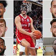 Die Spieler der Bamberg Baskets von oben links: Ibrahim Watson, Moritz Krimmer, KeyShawn Feazell. Mitte: Filip Stanic. Von oben links: Brandon Horvath, Kevin Wohlrath, Craig Moller.