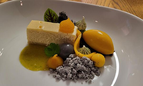 Das fertig angerichtete Pre Dessert mit dem umkämpften Cheesecake in der Mitte. Garniert mit Mango, Sesam, Frischkäse und Koriander.
