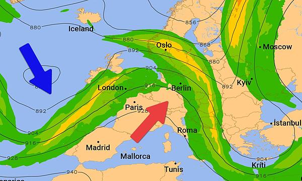 Das Starkwindband „Jetstream“ liegt aktuell genau über Europa.