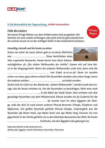Arbeitsblätter zum Kapitel 3: Die Bestandteile der Tageszeitung