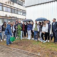 Die Pflanzaktion der Schulklasse fand bei Regen, doch in bester Laune gemeinsam mit der stellvertretenden Landrätin Rosi Kraus, dem Schulleiter Bruno Kuntke, der Klassleitung und Mitarbeitern des Landratsamtes Forchheim statt.