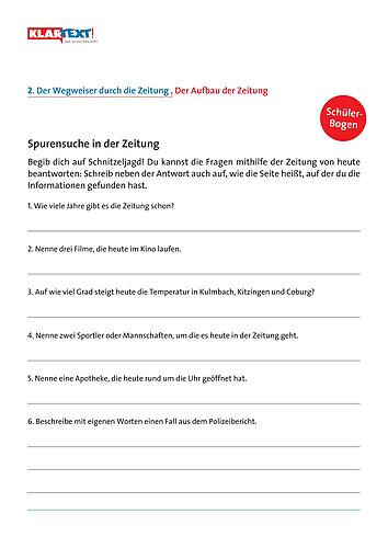 Arbeitsblätter zum Kapitel 2: Der Wegweiser durch die Zeitung