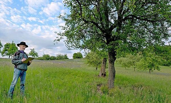 „Streuobstretter“ Stefan Paravan aus Reckendorf bei der Aufnahme und Bewertung der Obstbäume.