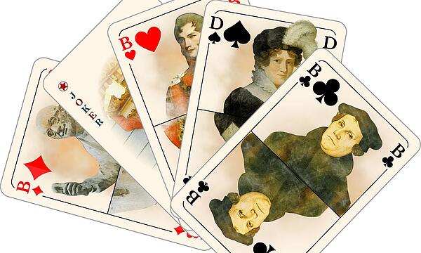 Gurken-Alex, König Leopold, Herzogin Auguste Sophie und Martin Luther im Kartenspiel.