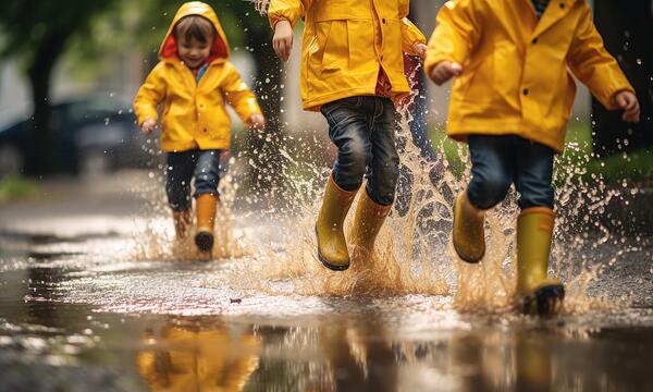 Kinder spielen mit Gummistiefeln im Regen